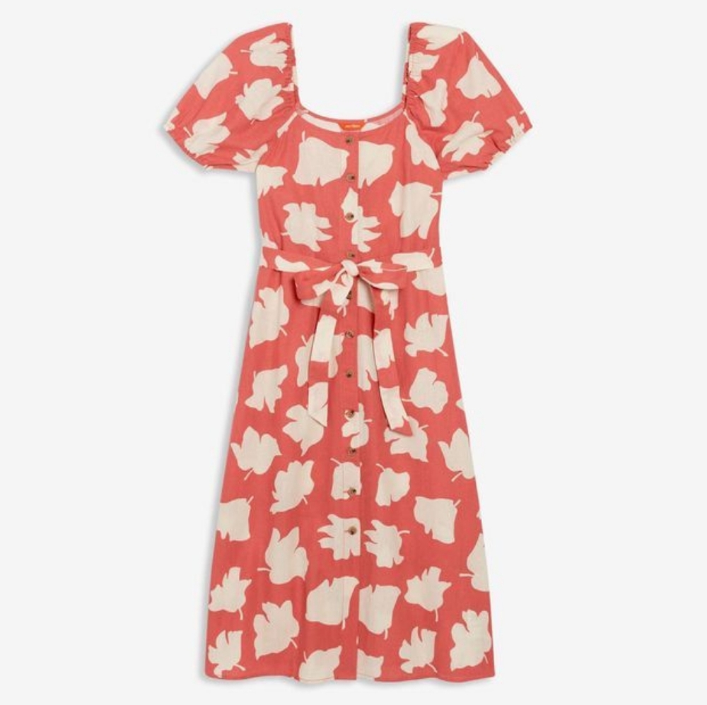 Coral Floral Button-Down Linen/Cotton Blend Dress Size Large